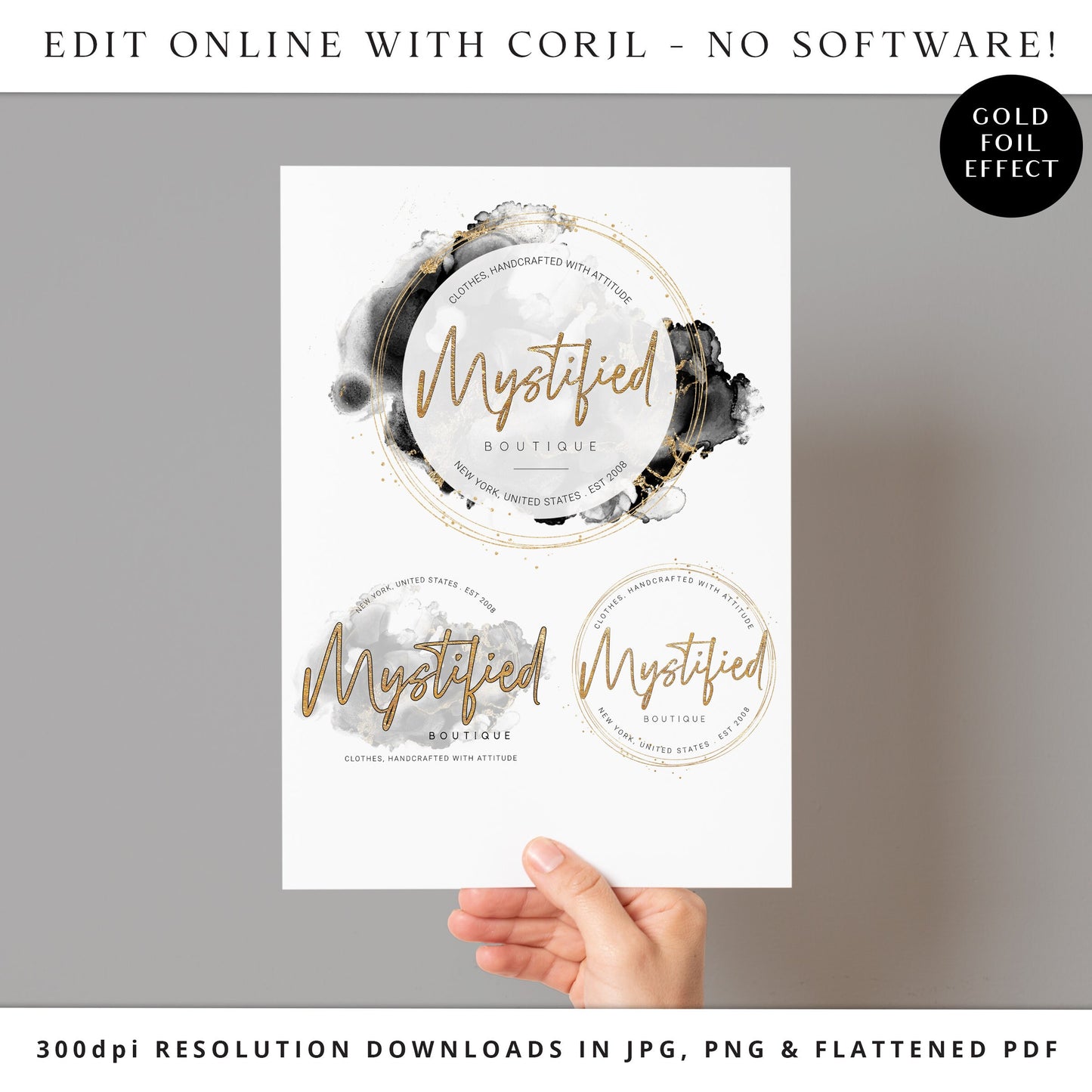 Logo Template Kit, 4 x Black Marble Logos, Premade DIY Logo Kit, Watercolor Logo, Ready-made Logo, Customizable Instant Logo design - MY-001