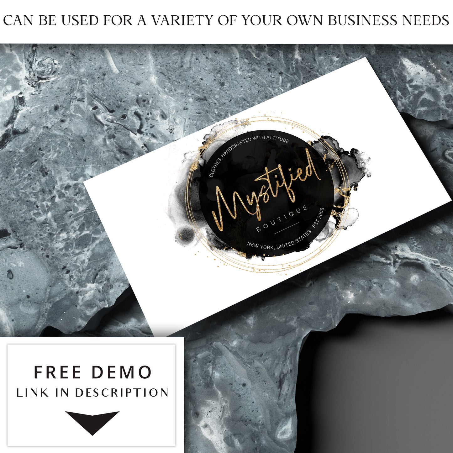 Editable Logo Template, Beauty Salon Logo, Premade DIY Logo, Marble Black & Gold Watercolor Logo Design, Ready-made Logo - MY-001