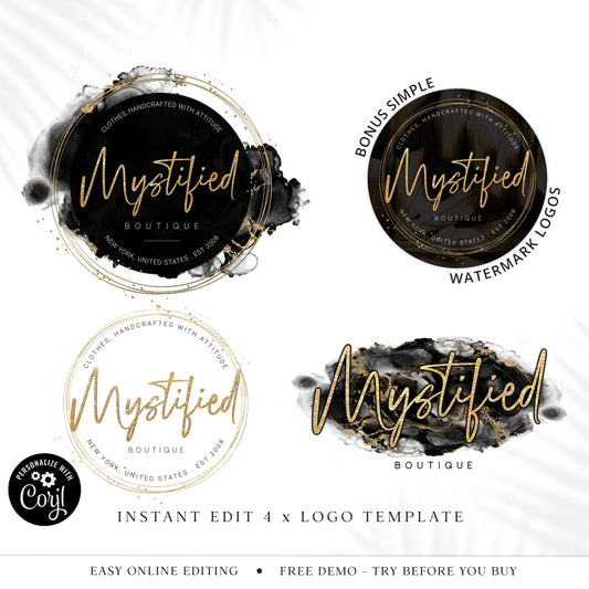 Logo Template Kit, 4 x Black Marble Logos, Premade DIY Logo Kit, Watercolor Logo, Ready-made Logo, Customizable Instant Logo design - MY-001