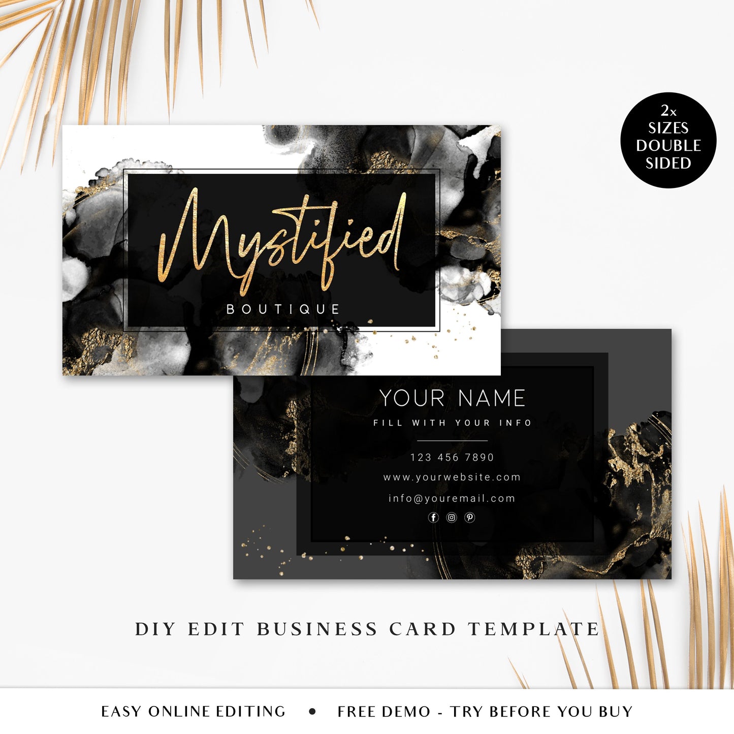 Editable Business Card Template, DIY Beauty Business Card, Premade Black & Gold Glitter Marble Business Card, Customizable Biz Card - MY-001