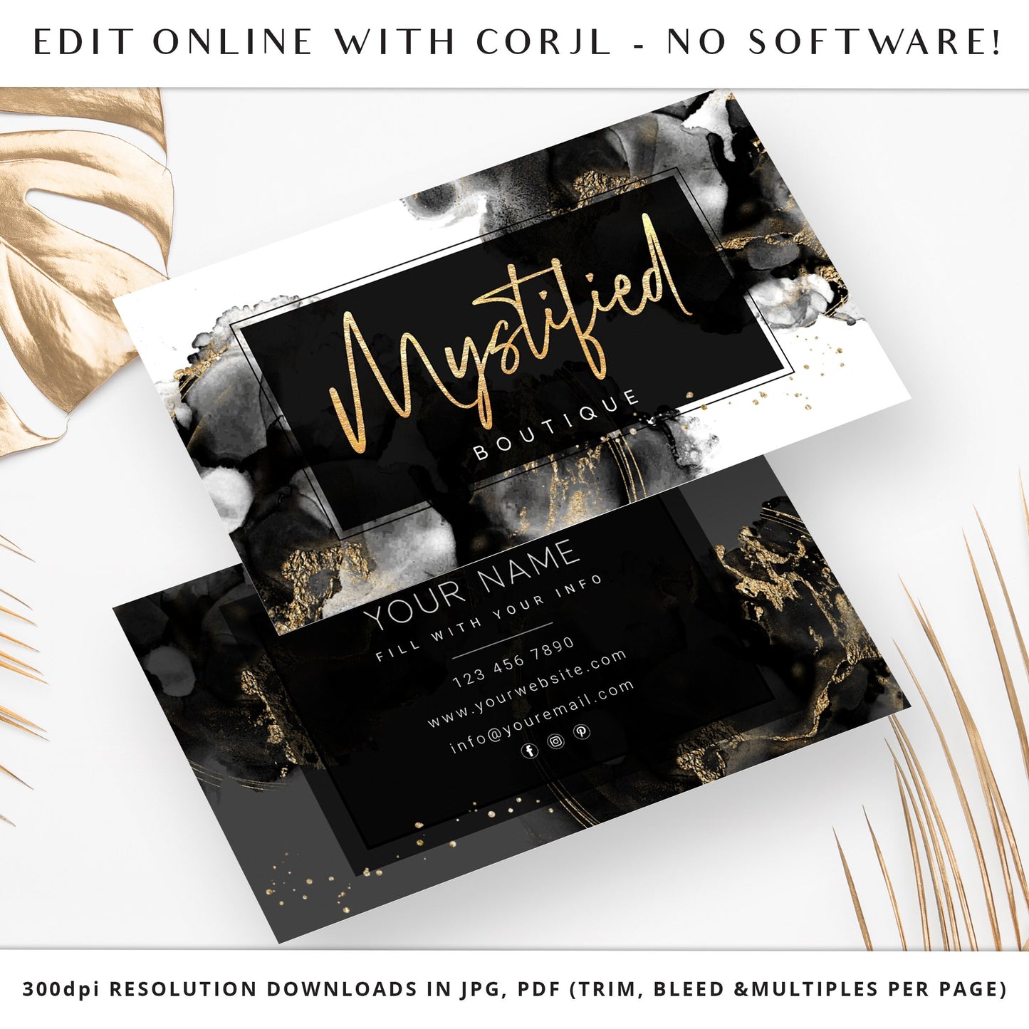 Editable Business Card Template, DIY Beauty Business Card, Premade Black & Gold Glitter Marble Business Card, Customizable Biz Card - MY-001
