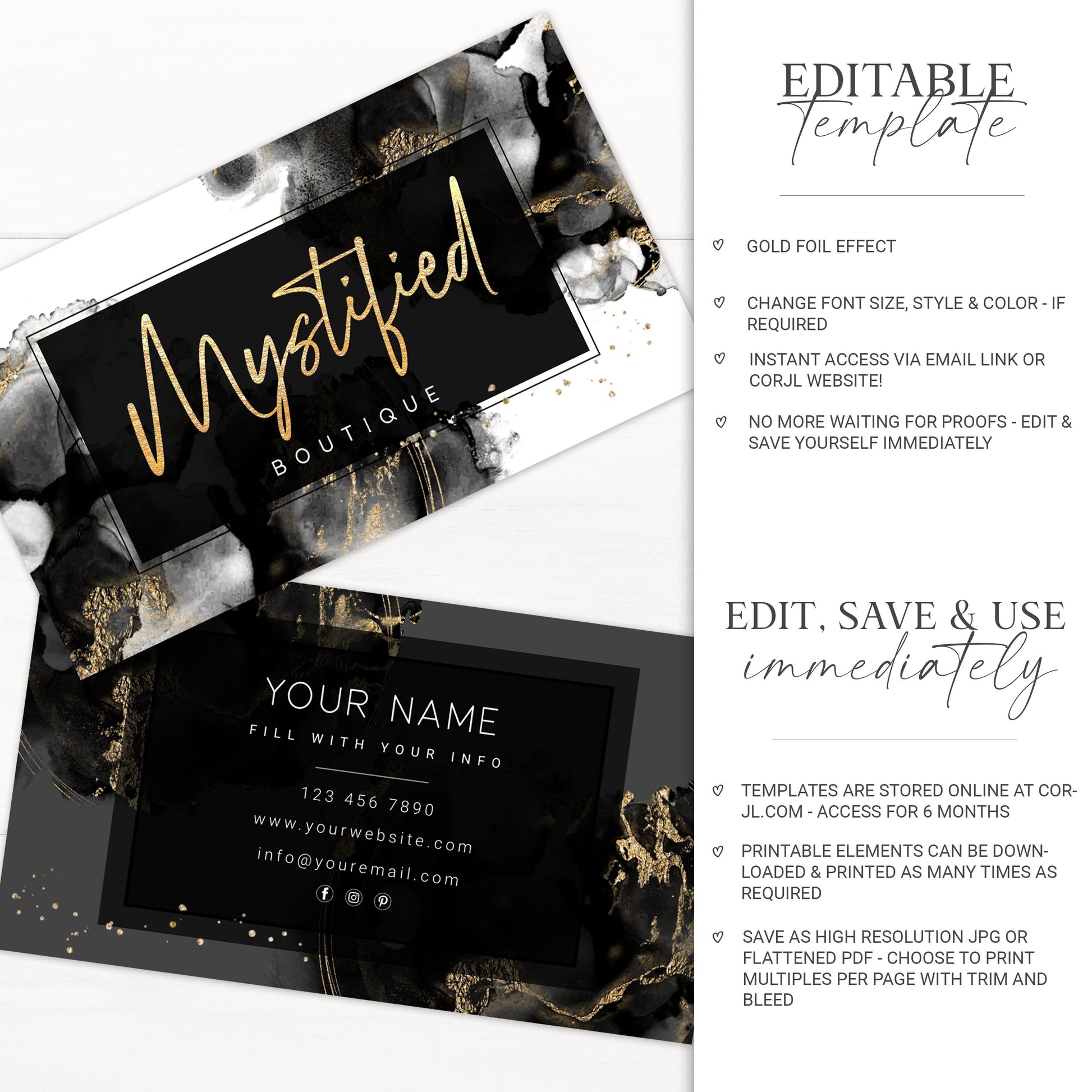 Editable Business Card Template, DIY Beauty Business Card, Premade Black & Gold Glitter Marble Business Card, Customizable Biz Card - MY-001