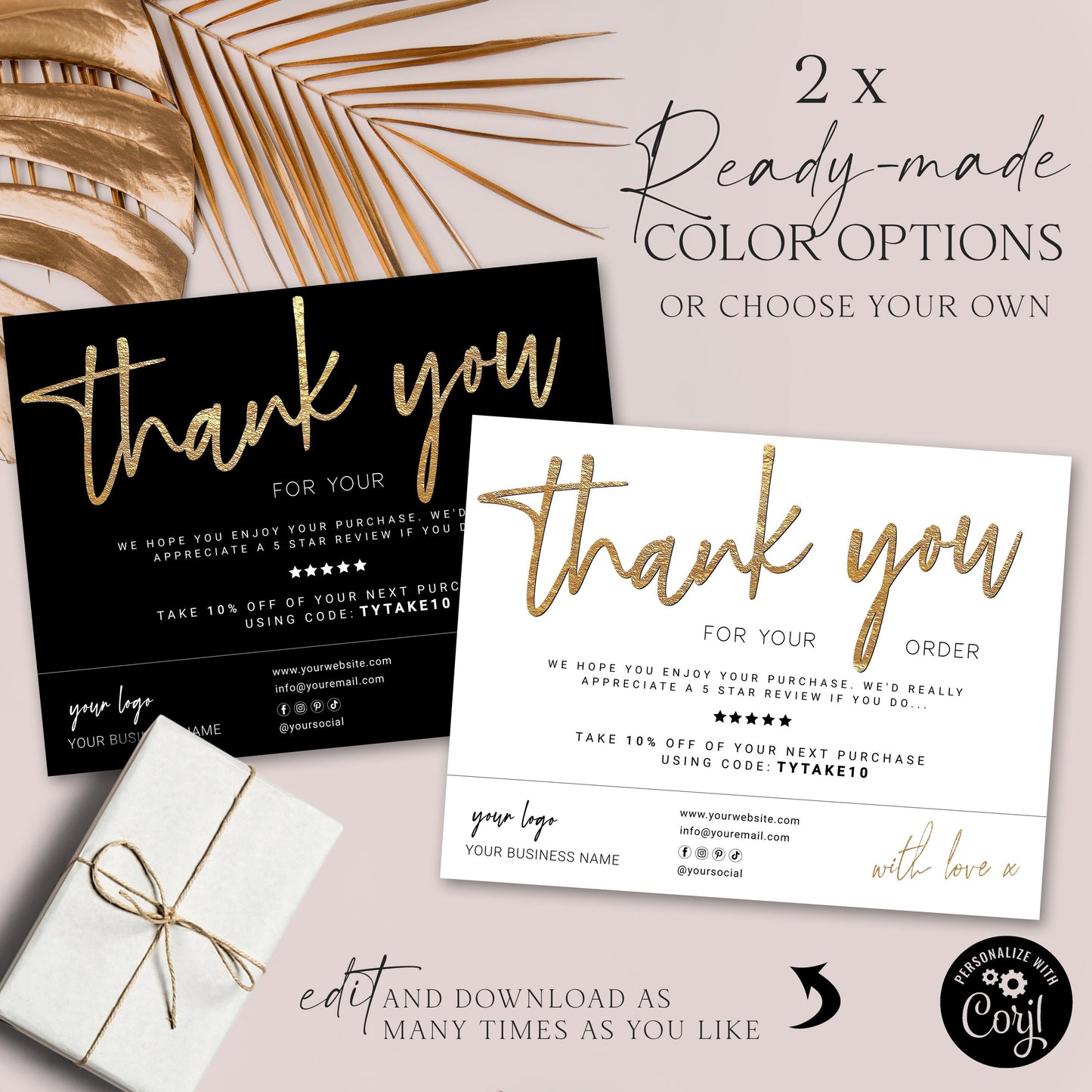 Editable Thank You Card Template, DIY Edit Thank You For Your Business Card, Black Gold Marble, Premade Etsy Customer Thank you Note MY-001