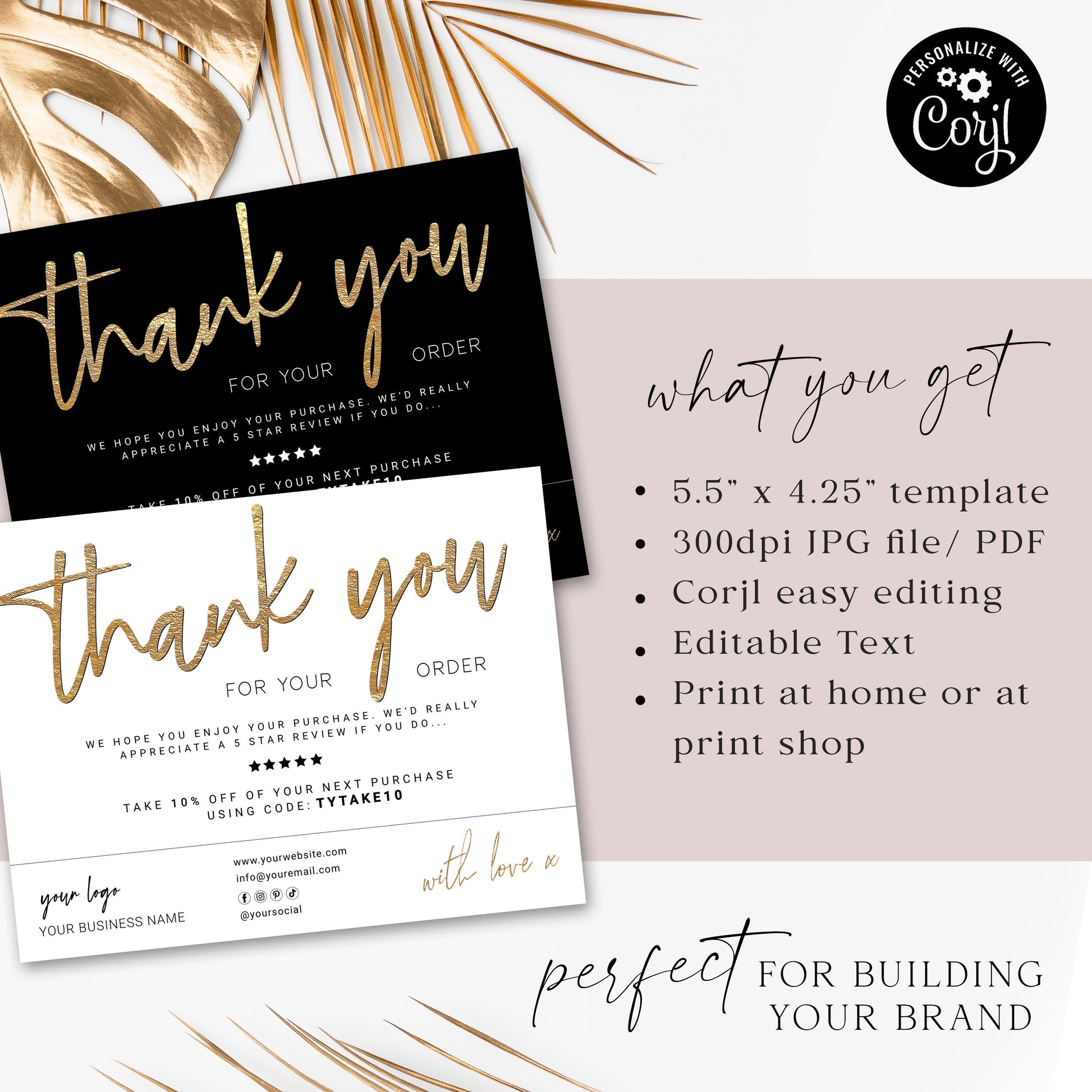 Editable Thank You Card Template, DIY Edit Thank You For Your Business Card, Black Gold Marble, Premade Etsy Customer Thank you Note MY-001