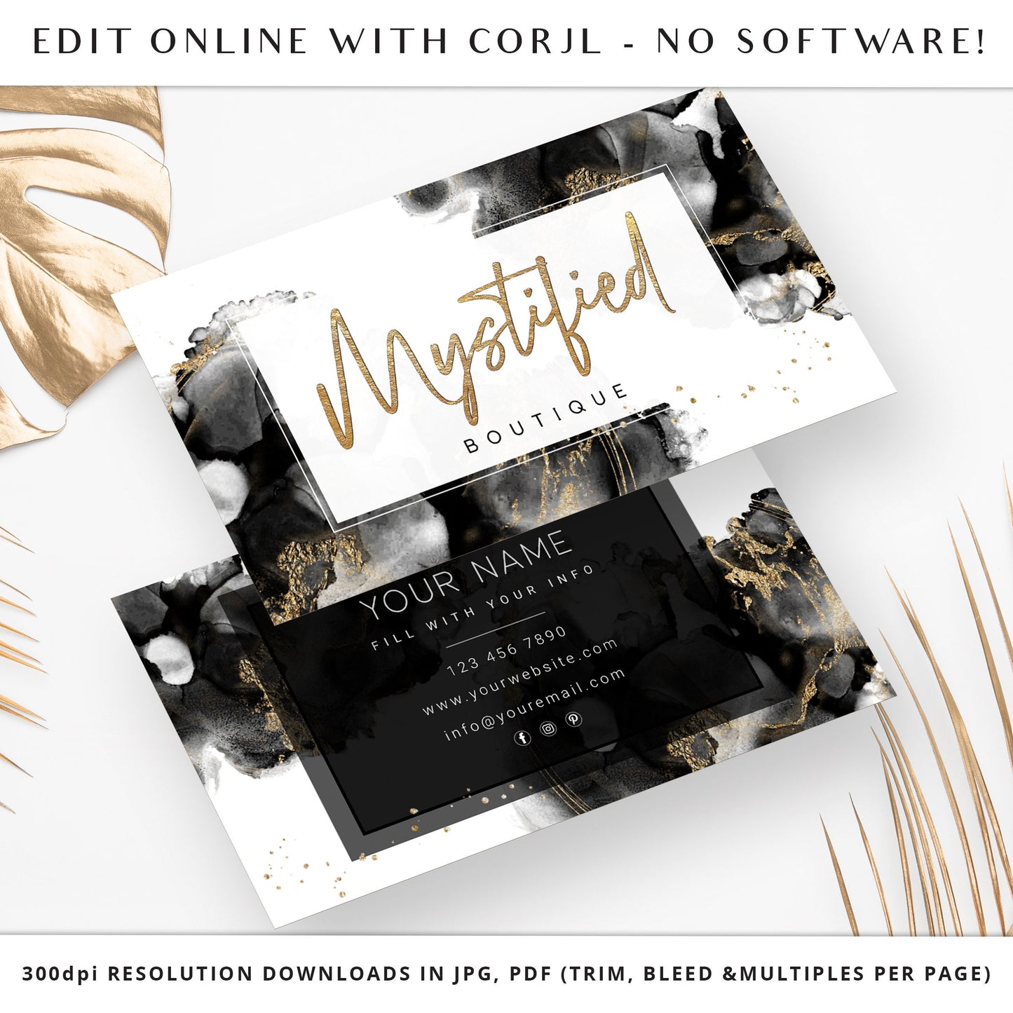 Editable Business Card Template, DIY Premade Black & Gold Glitter Marble Business Card, Beauty Business Card, Customizable Biz Card - MY-001