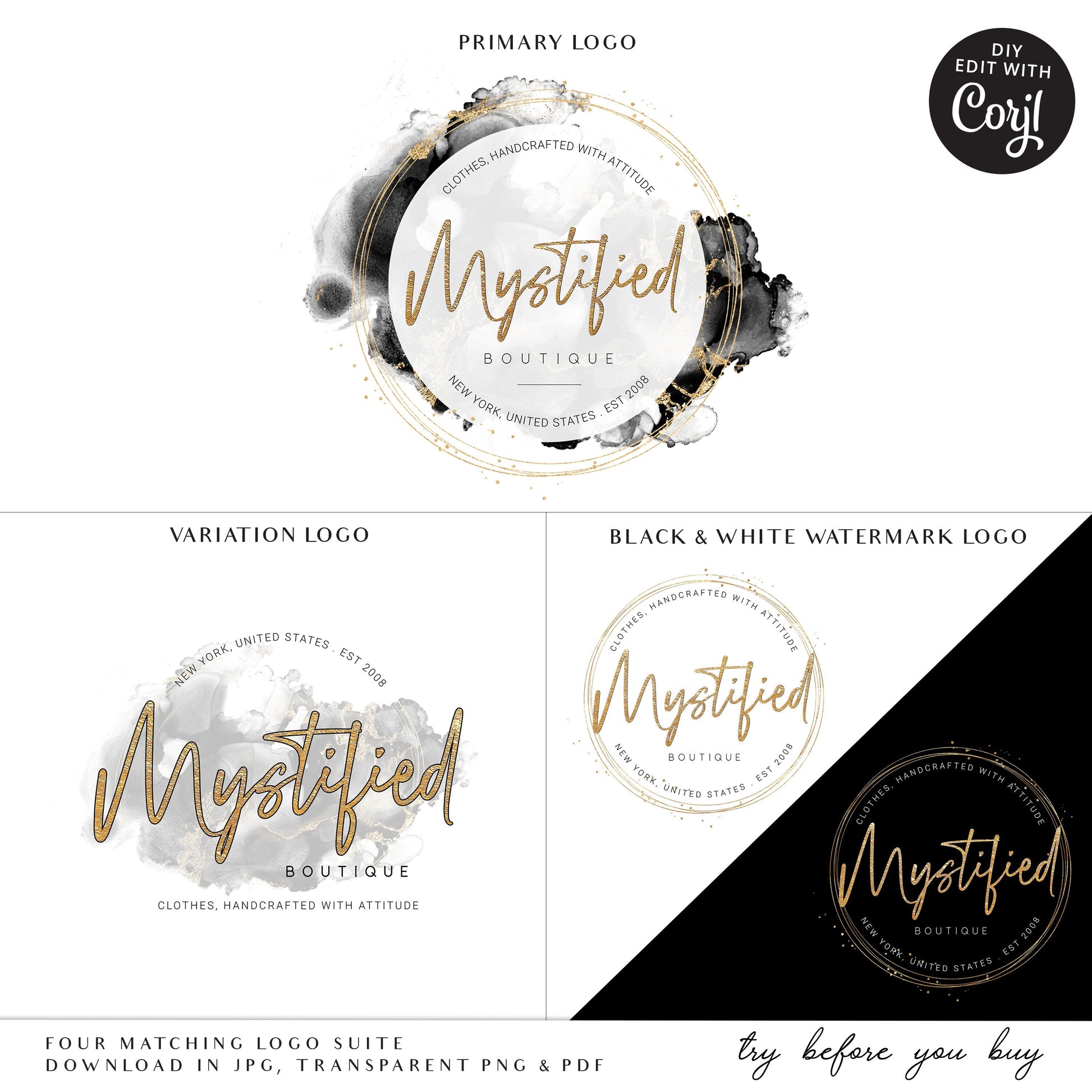 Logo Template Kit, 4 x Black Marble Logos, Premade DIY Logo Kit, Watercolor Logo, Ready-made Logo, Customizable Instant Logo design - MY-001