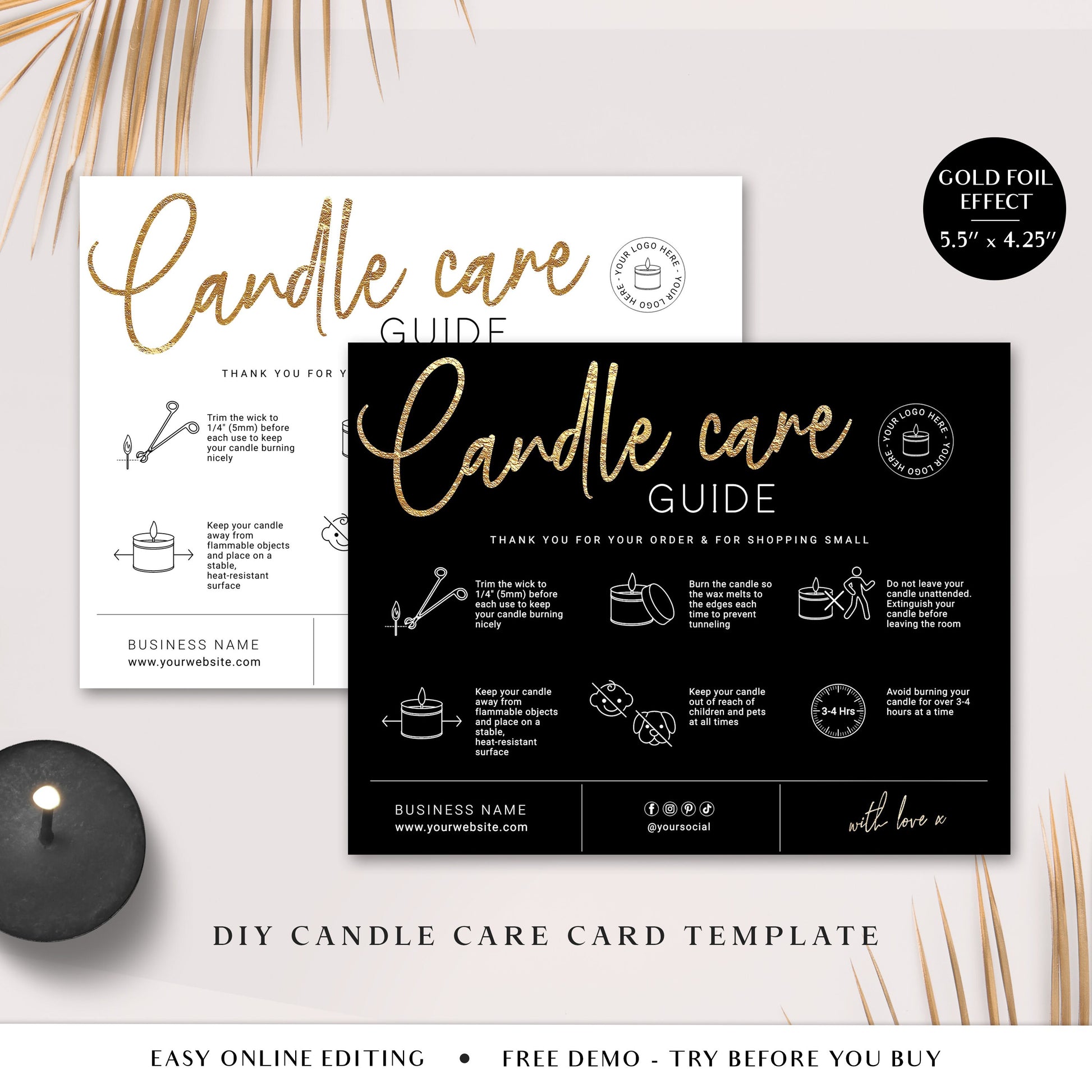 Editable Candle Template, DIY Candle Label, Faux Gold Foil Effect