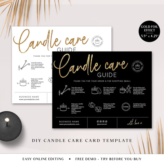 Candle Care Editable Template, DIY Minimalist Candle Care Guide Card, Customizable Printable Candle Safety Instructions, Gold Foil MY-001