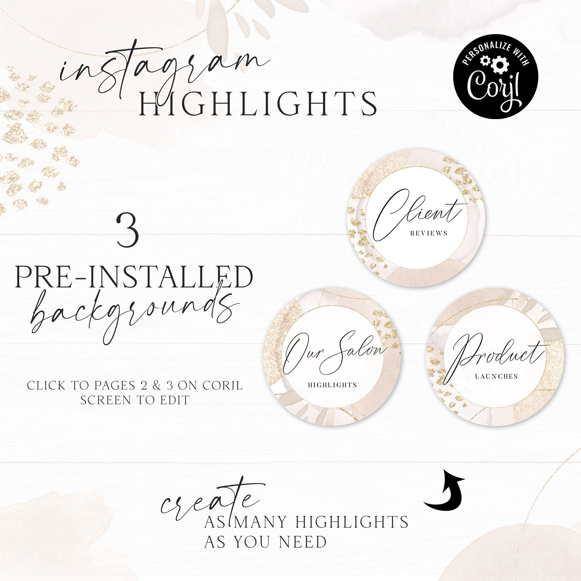 DIY Business Branding Template Bundle 8pc Premade Logo Editable Facebook Template Gold Watercolor Instagram Highlight, Ready-made Kit OO-001