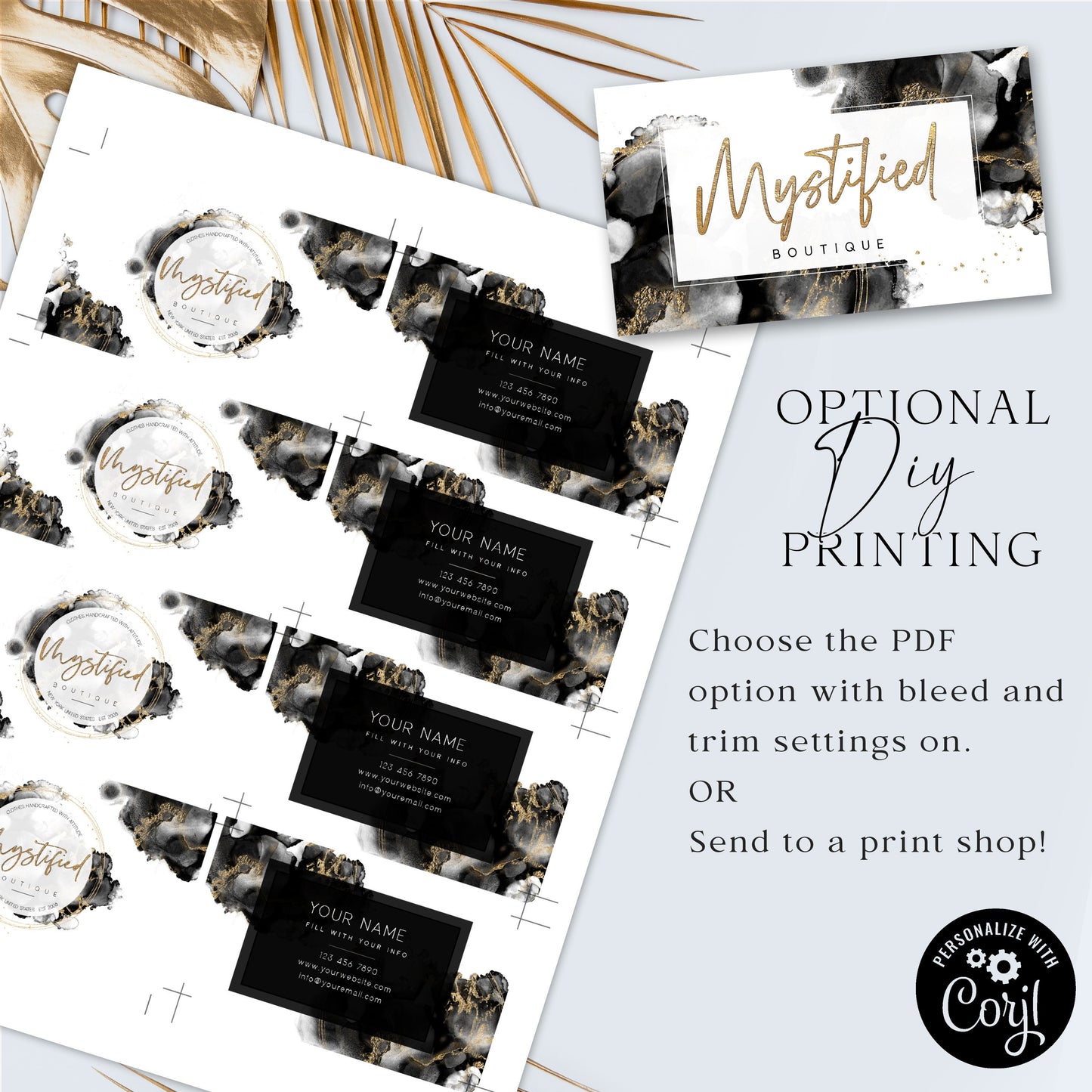 DIY Branding Bundle, 16pc Business Template Kit, Black & Gold Marble Watercolor Instant Premade Logo, Business Starter Package MY-001