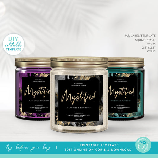 Jar Label Template (3 Sizes) Ready-made Square Candle Label, DIY Label Marble Ink Customized Cosmetic Printable Label Design MY-001