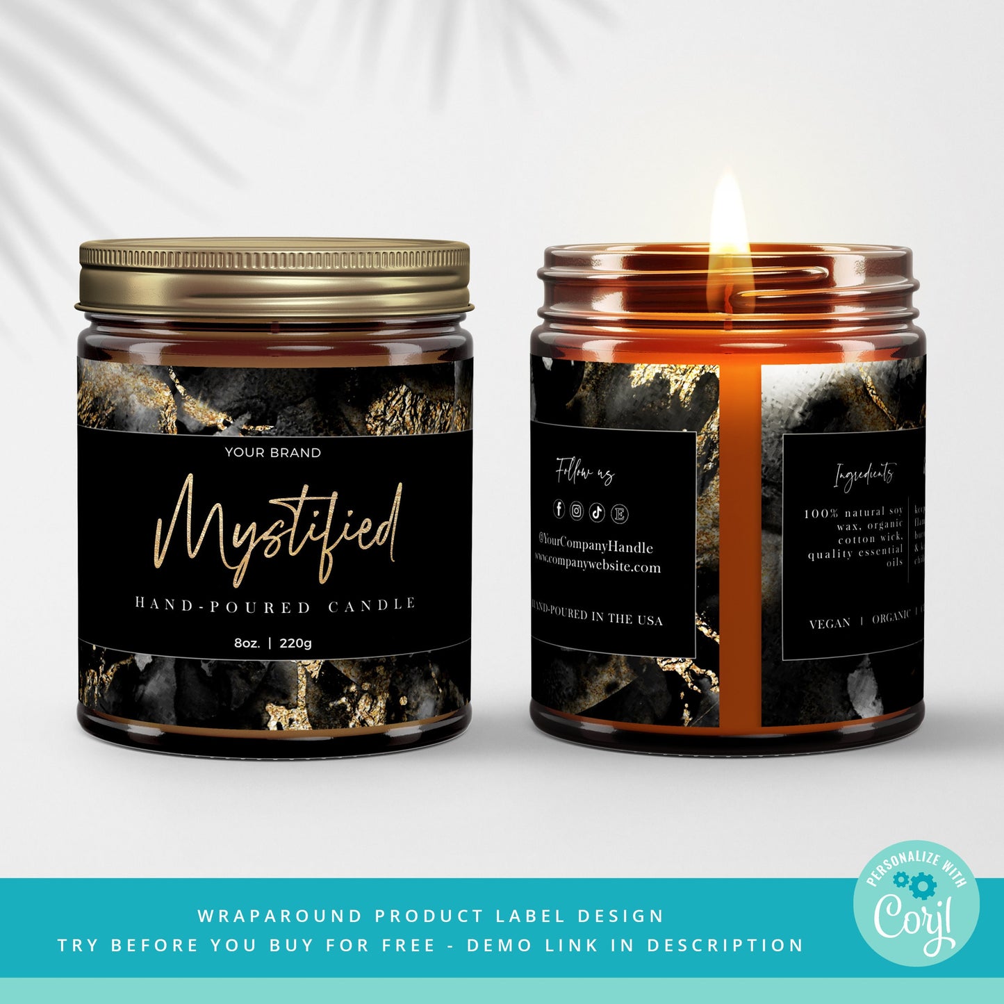 Editable Product Label Black Marble Personalised Wrap Around Candle Template, 4 Sizes: 2x6", 2x7, 2.5x8", 2.5x9" DIY Instant Access MY-001