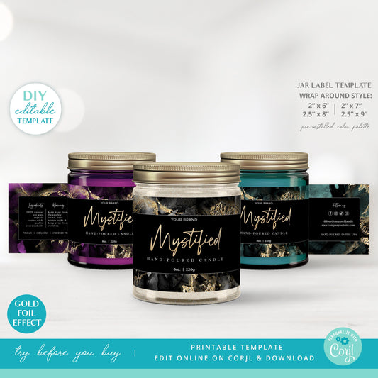 Editable Product Label Black Marble Personalised Wrap Around Candle Template, 4 Sizes: 2x6", 2x7, 2.5x8", 2.5x9" DIY Instant Access MY-001