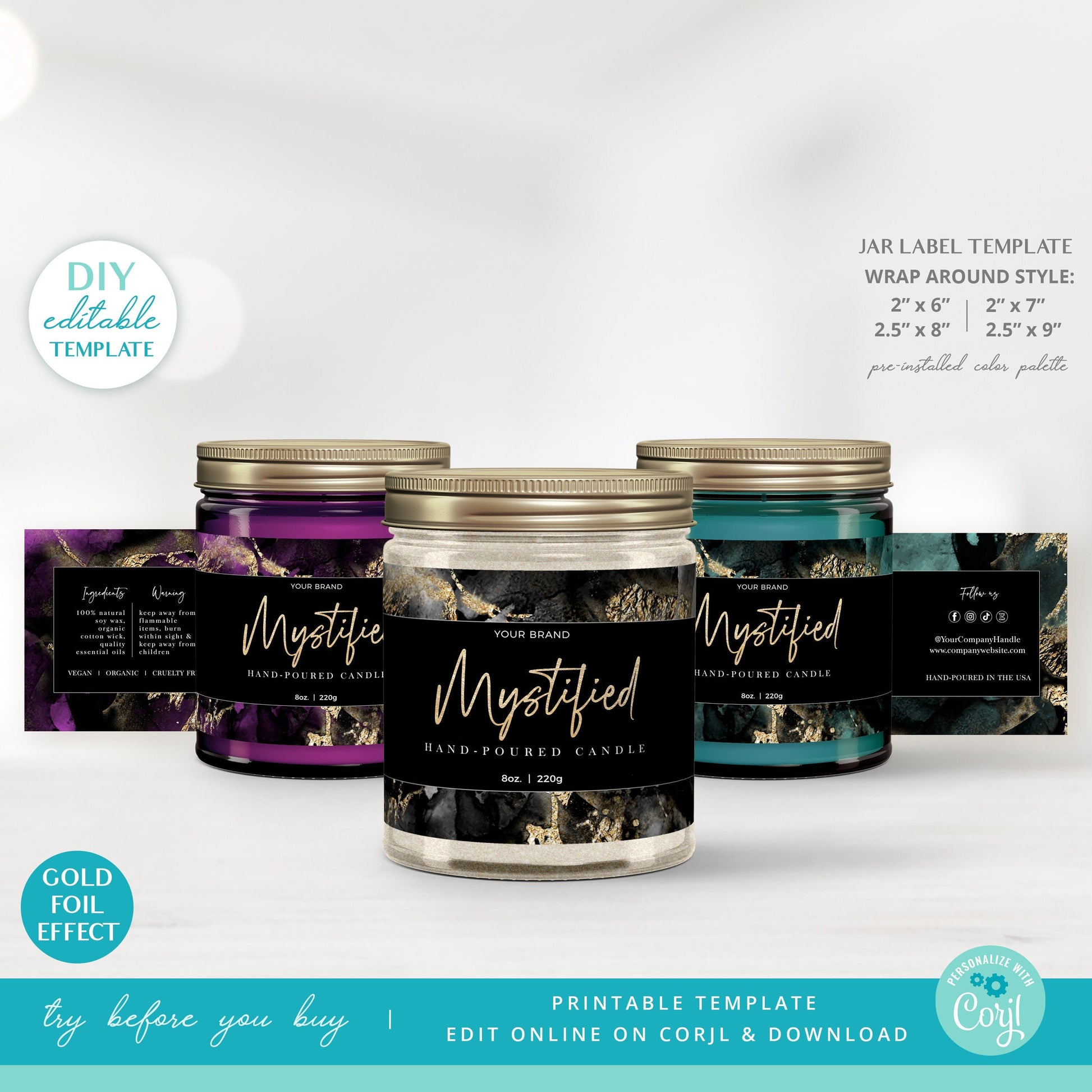 Editable Product Label Template, Black Marble Personalised Wrap Around