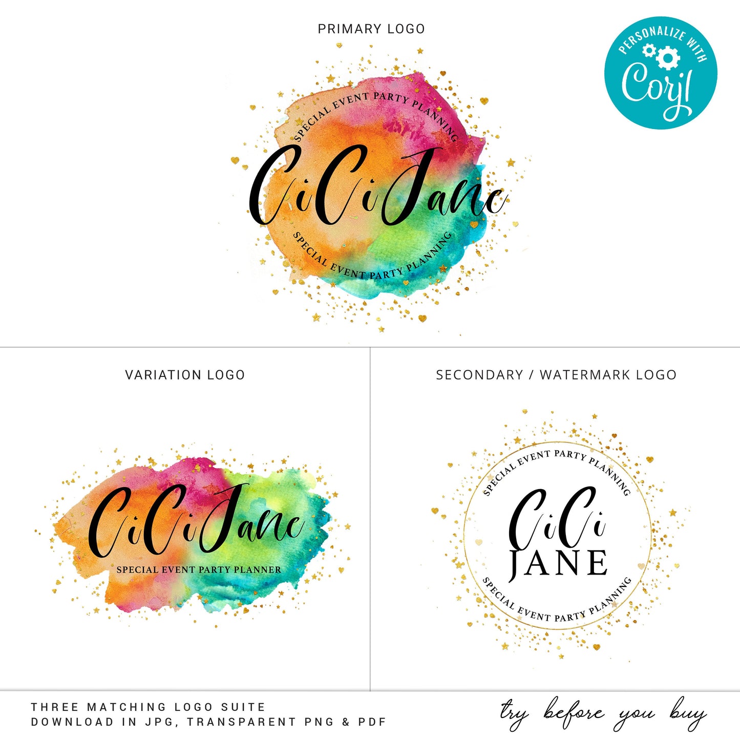 Logo Template Bundle, 3 x Fun Bright Watercolor Logos, Premade DIY Logo Kit, Ready-made Logo, Customizable Instant Logo design - CJ-001