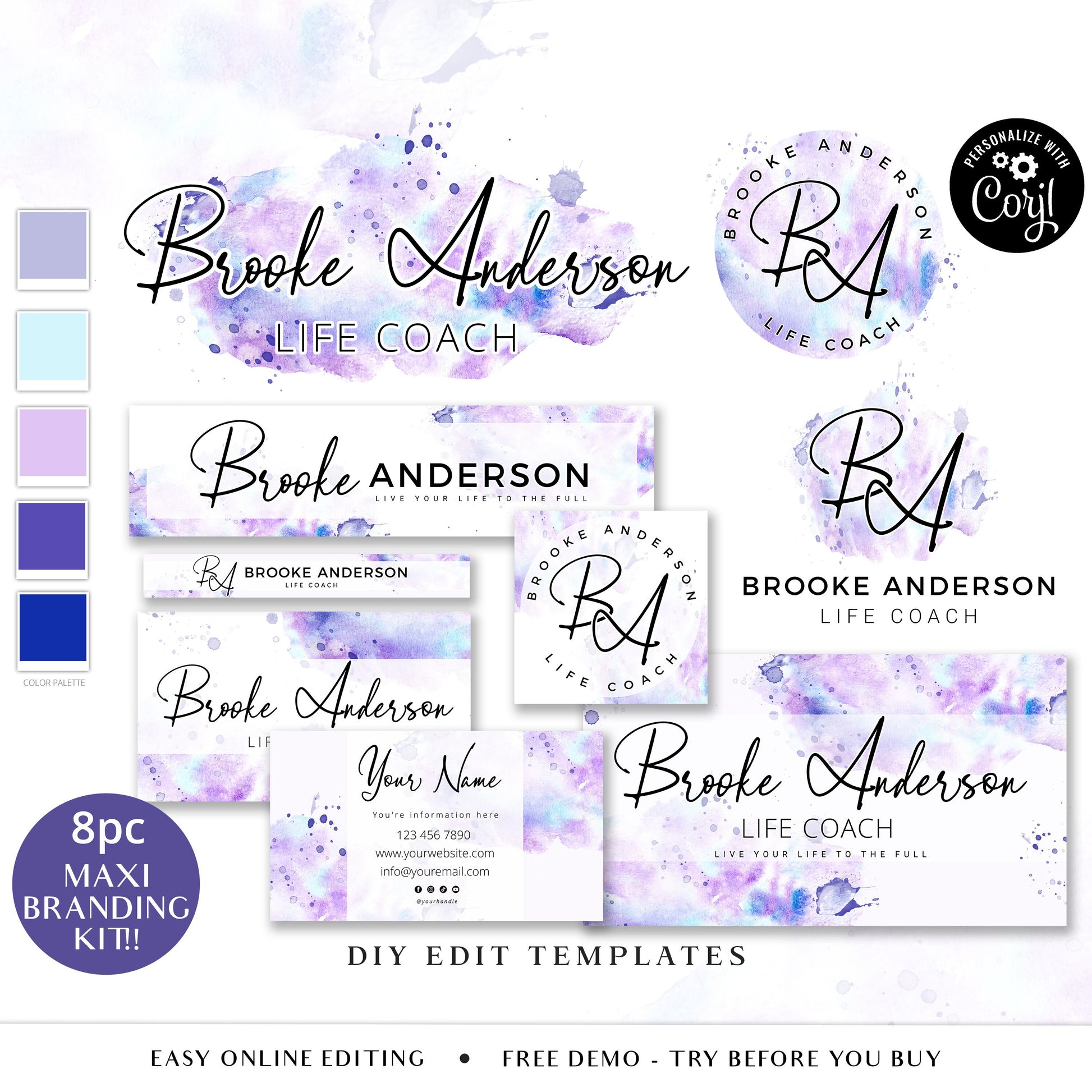 DIY Edit Branding Bundle Templates, 8pc Instant Editable Messy Watercolor Splash Logo Design, Business Card Template, Branding Kit BA-001