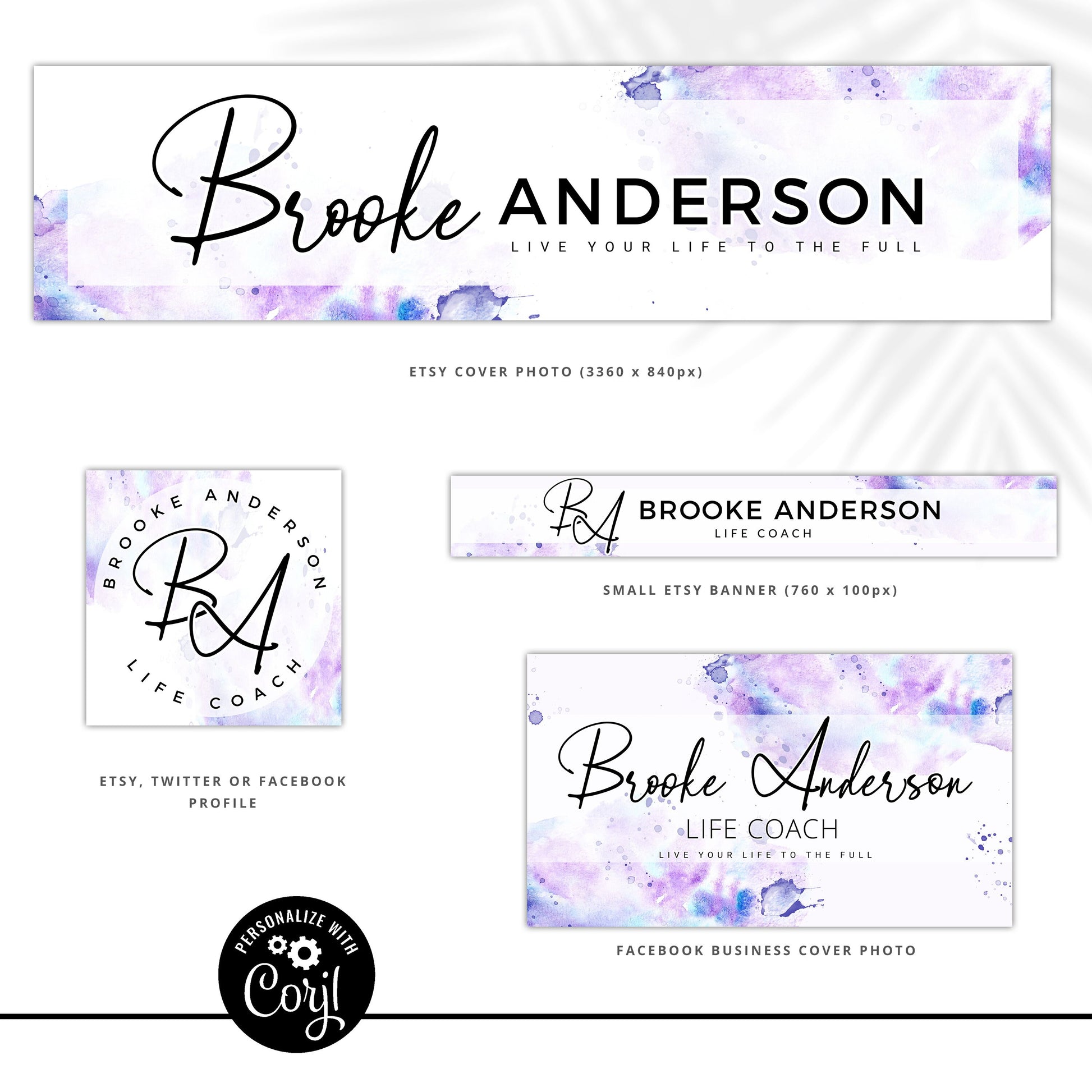 DIY Edit Branding Bundle Templates, 8pc Instant Editable Messy Watercolor Splash Logo Design, Business Card Template, Branding Kit BA-001