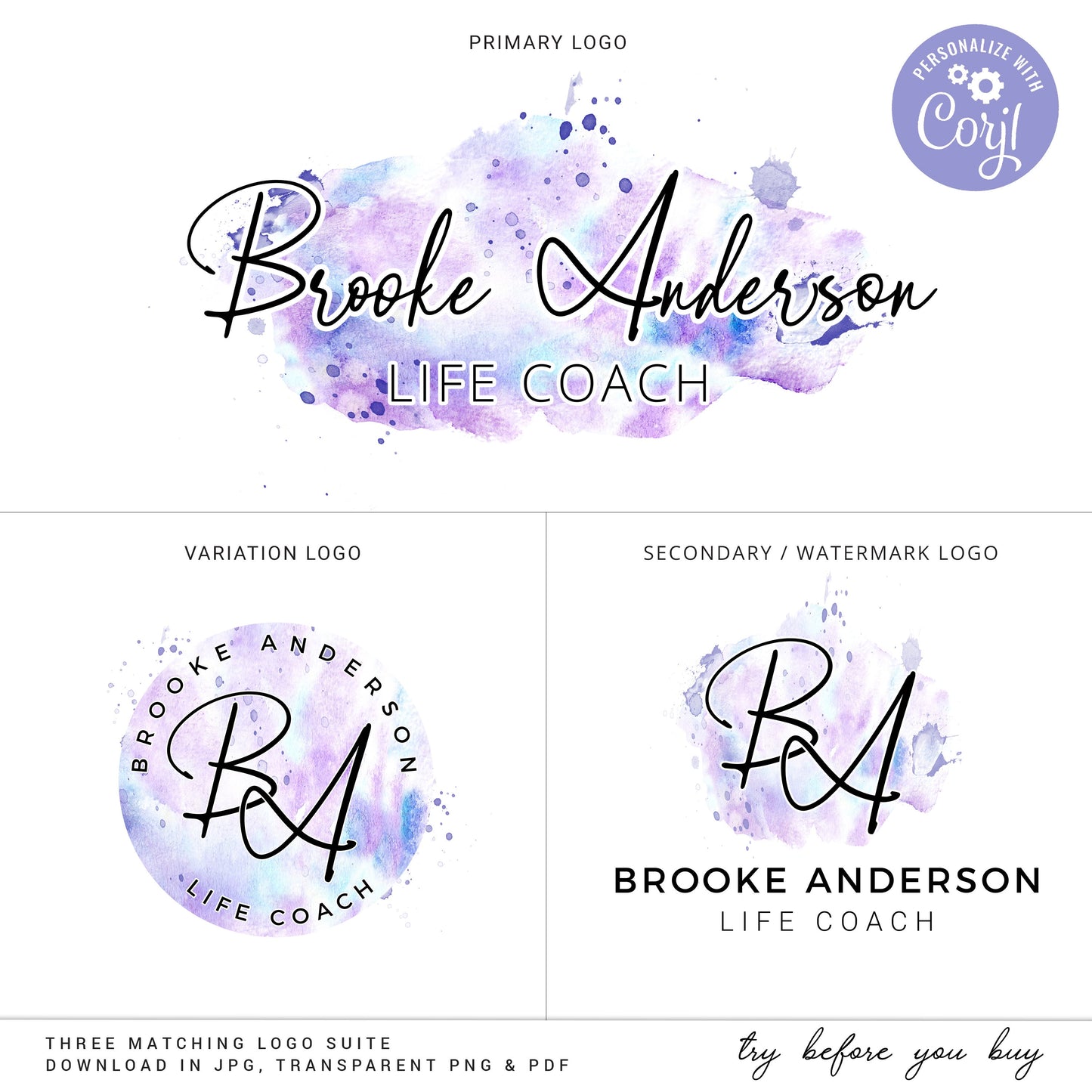 DIY Edit Branding Bundle Templates, 8pc Instant Editable Messy Watercolor Splash Logo Design, Business Card Template, Branding Kit BA-001