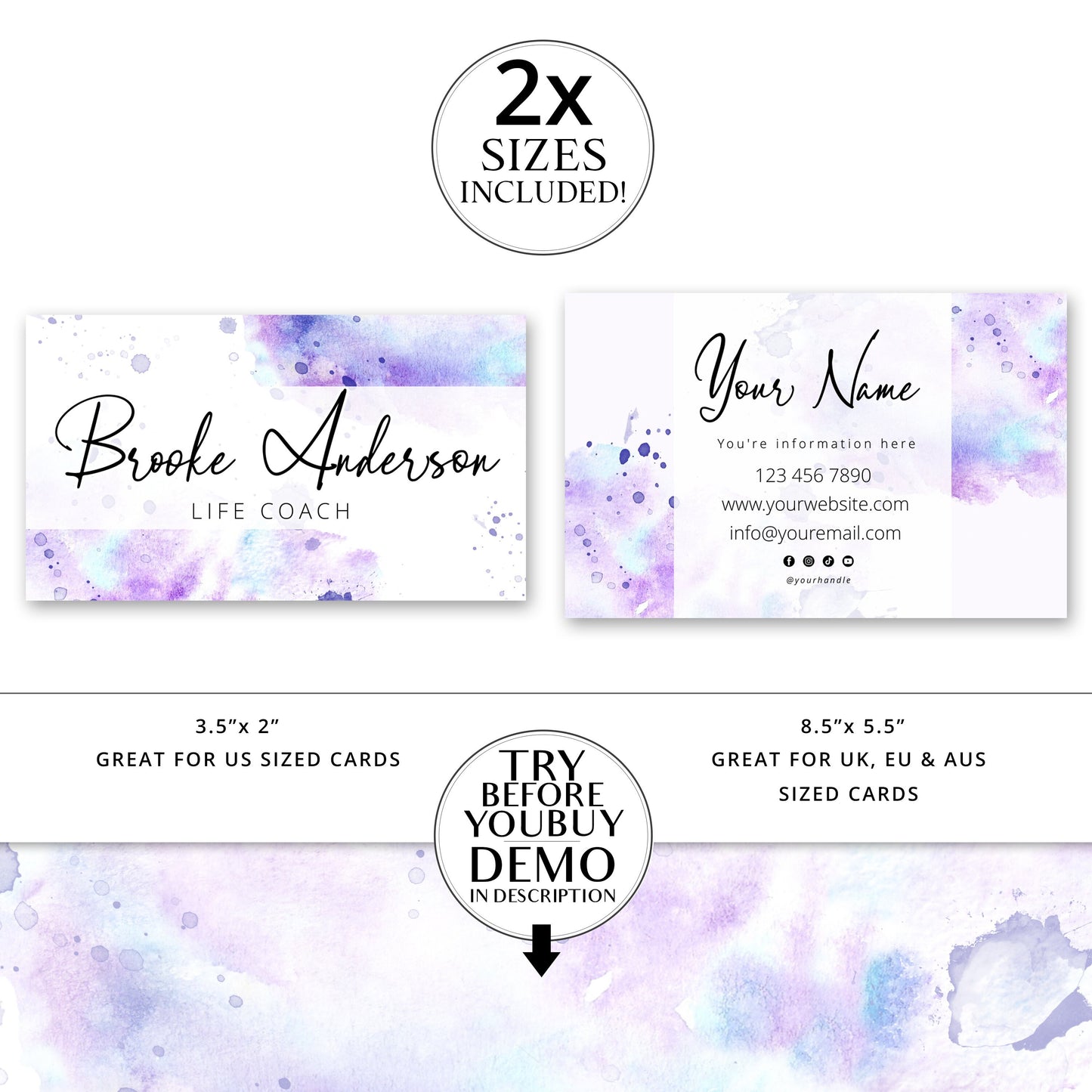 DIY Edit Branding Bundle Templates, 8pc Instant Editable Messy Watercolor Splash Logo Design, Business Card Template, Branding Kit BA-001