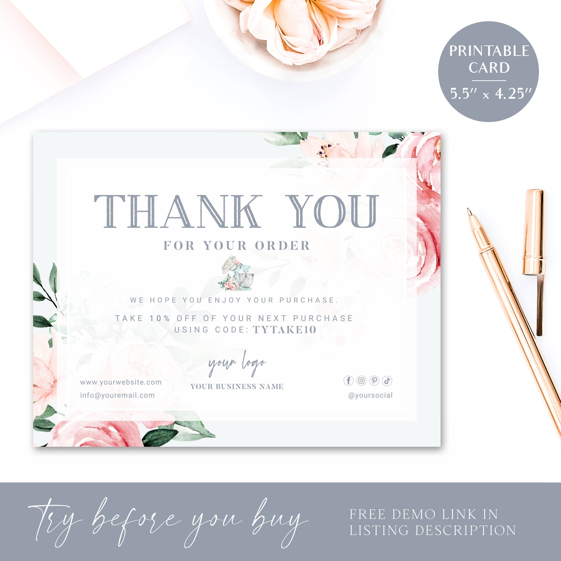 DIY Editable Thank You Card Template, Bakery Thank You Card, Premade Thank You For Your Business Card, Etsy Customer Thank you Note JB-001