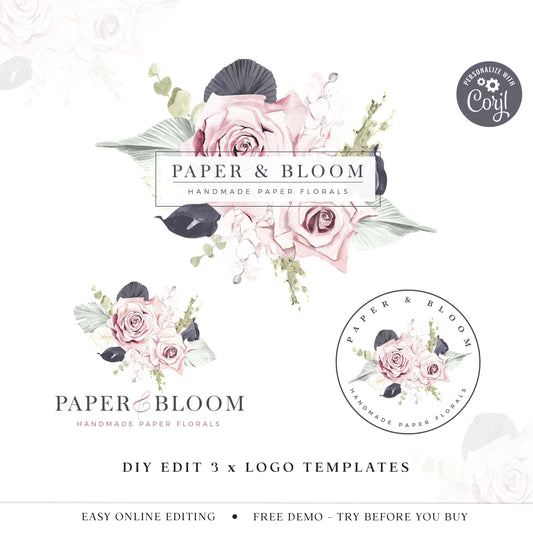 DIY Edit Logo Bundle Templates, 3 x Boho Watercolor Elegant Florals Premade Logos, Premade DIY logo, Flowers Editable Logo Template PB-002