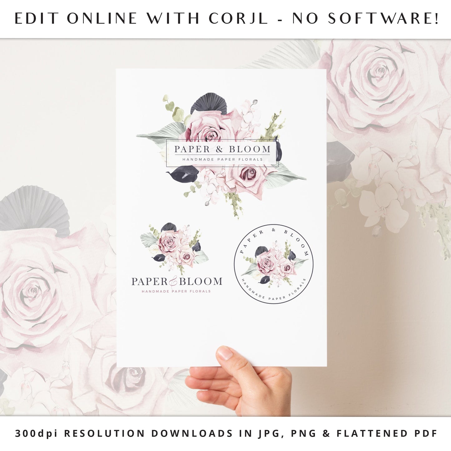 DIY Edit Logo Bundle Templates, 3 x Boho Watercolor Elegant Florals Premade Logos, Premade DIY logo, Flowers Editable Logo Template PB-002