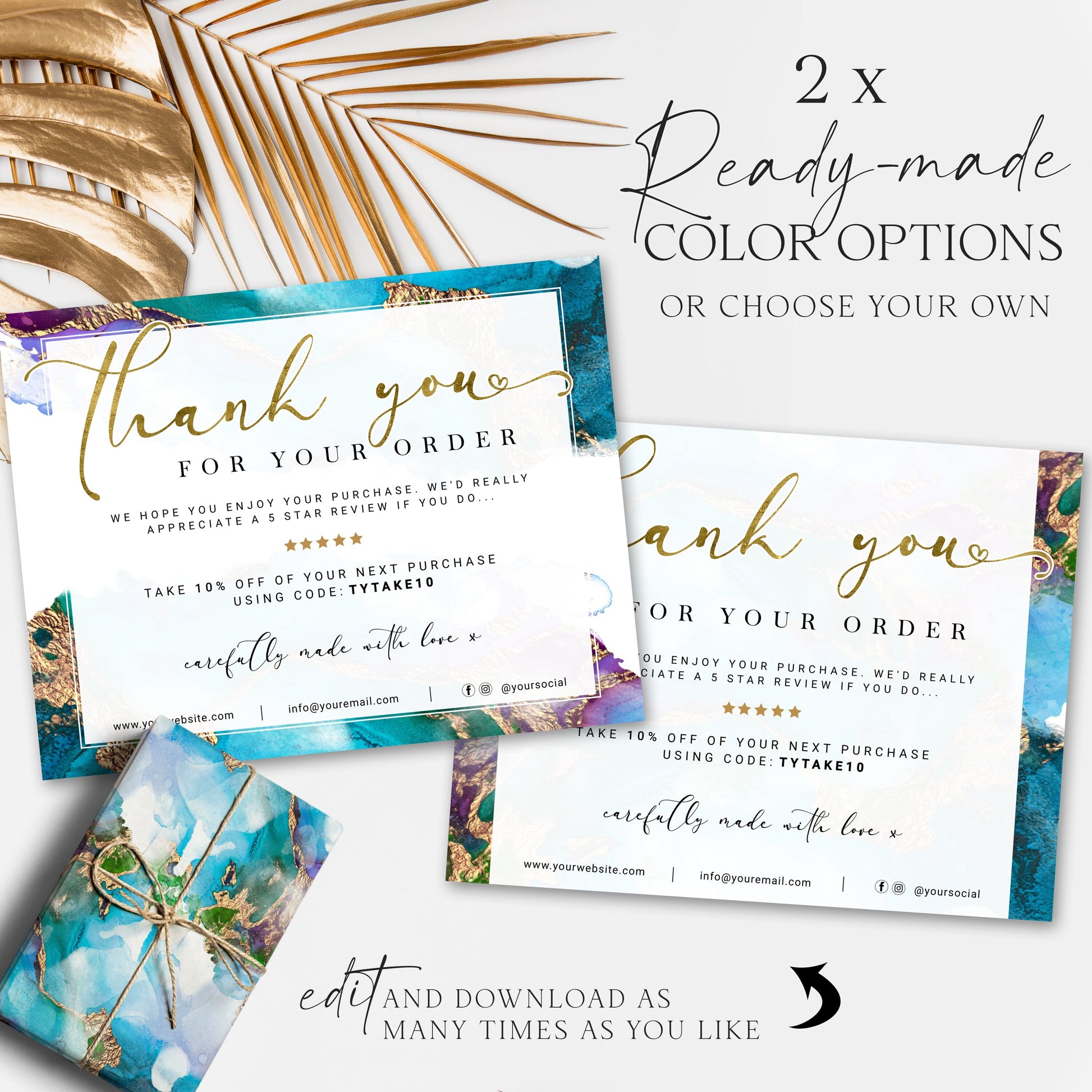 Thank You Card Editable Template, DIY Edit Thank You For Your Business Card, Premade Blue & Gold Marble, Etsy Customer Thank you Note DJ-001