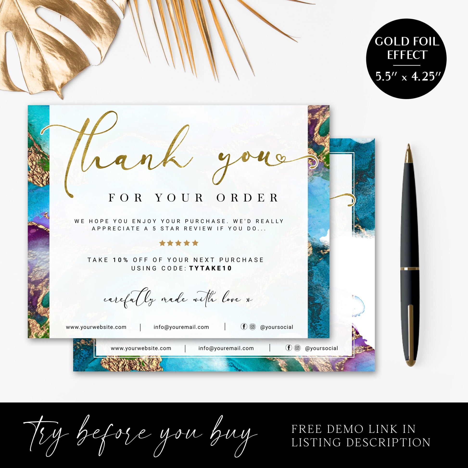 Thank You Card Editable Template, DIY Edit Thank You For Your Business Card, Premade Blue & Gold Marble, Etsy Customer Thank you Note DJ-001