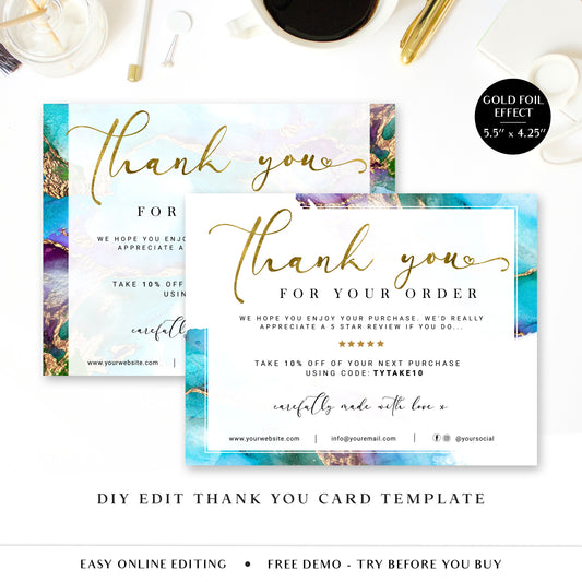 Thank You Card Editable Template, DIY Edit Thank You For Your Business Card, Premade Blue & Gold Marble, Etsy Customer Thank you Note DJ-001