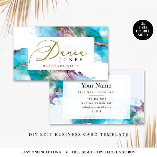 Business Card Editable Template, DIY Edit Blue Gold Glitter Marble Business Card, Premade Beauty Business Card, Customizable Biz Card DJ-001