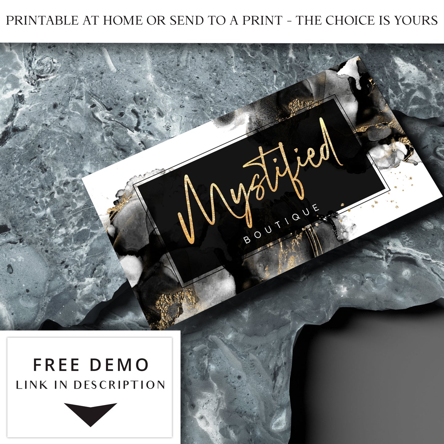 Editable Business Card Template, DIY Beauty Business Card, Premade Black & Gold Glitter Marble Business Card, Customizable Biz Card - MY-001