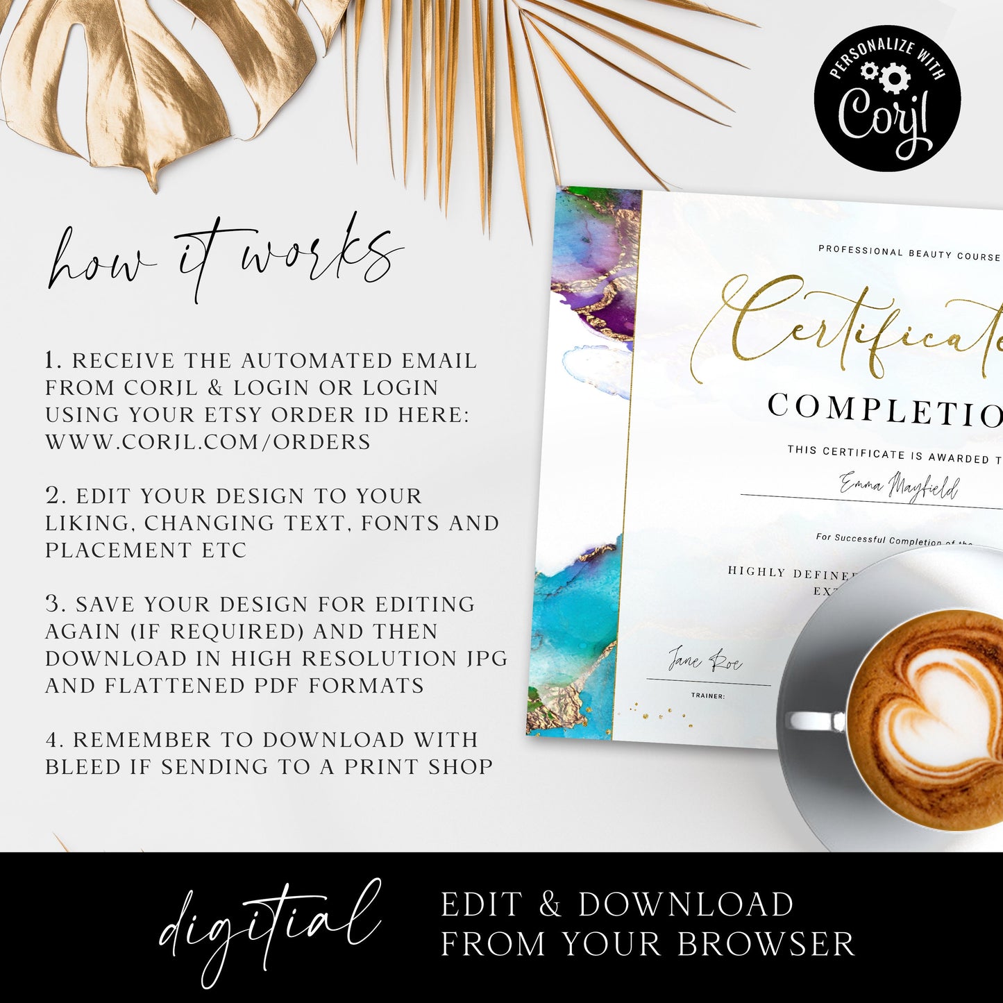 Certificate of Completion Editable Template, DIY Award Certificate, Beauty Business Course Certificate, Printable Certificate Gold DJ-001