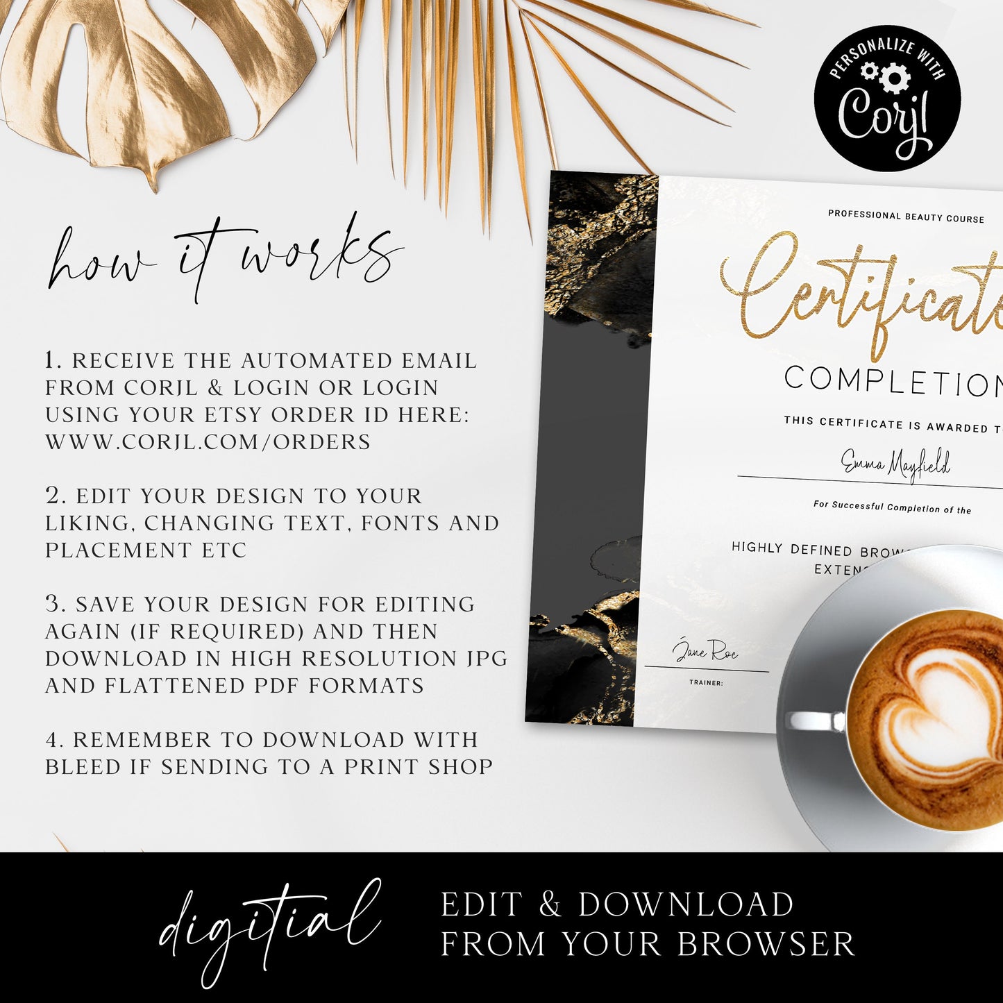 Completion Certificate Editable Template, DIY Edit Award Certificate, Beauty Business Course Certificate, Instant Gold Black Glitter MY-001