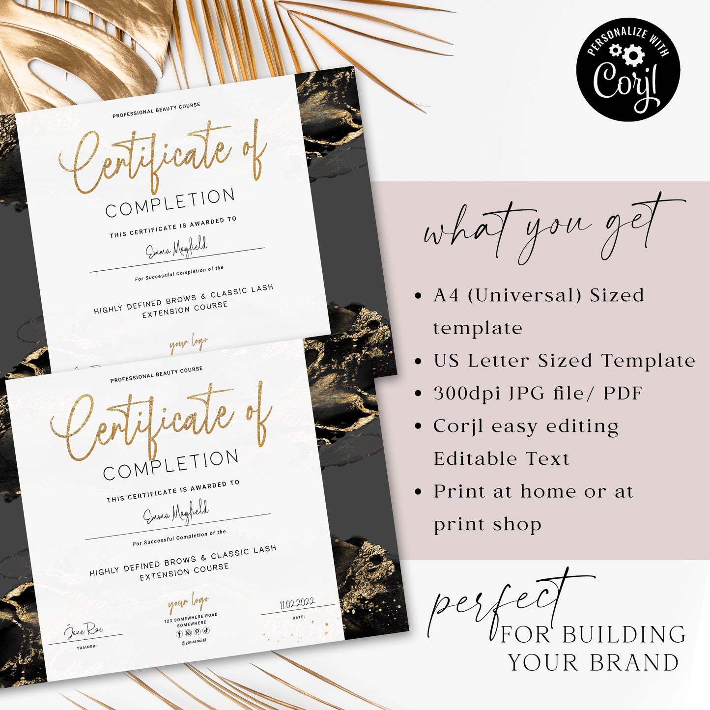 Completion Certificate Editable Template, DIY Edit Award Certificate, Beauty Business Course Certificate, Instant Gold Black Glitter MY-001