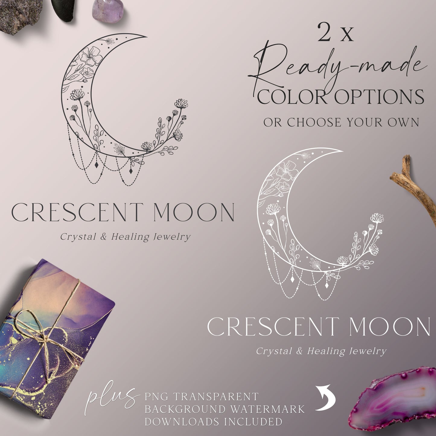 Moon Logo Template, Premade DIY Logo, Instant Access Ready-Made Minimalist Esoteric Spiritual Logo PLUS White Watermark Design - SPI-001