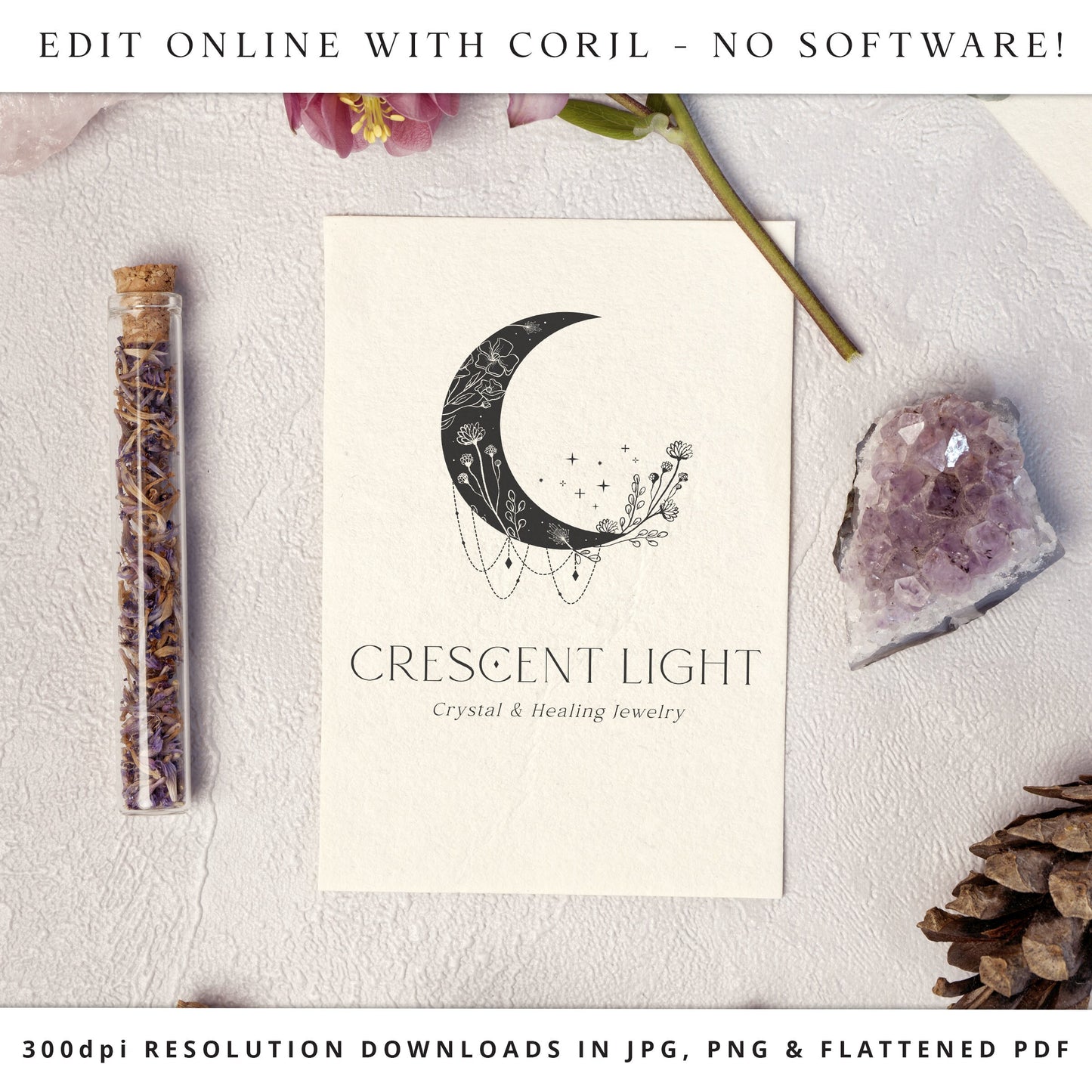 Editable Minimalist Logo Template, Premade DIY Moon Logo, Esoteric Spiritual Mystical Customizable Logo + White Watermark Design - SPI-001