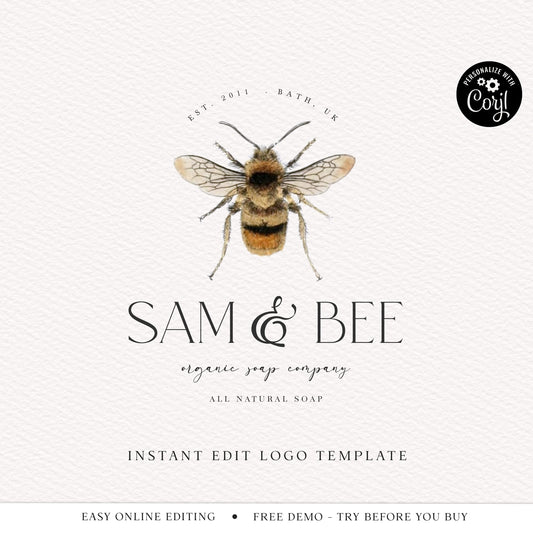 DIY Editable Bee Logo Illustrated Farmhouse Photography Watermark Logo Design Instant Download DIY Premade Customizable Template - PR0579