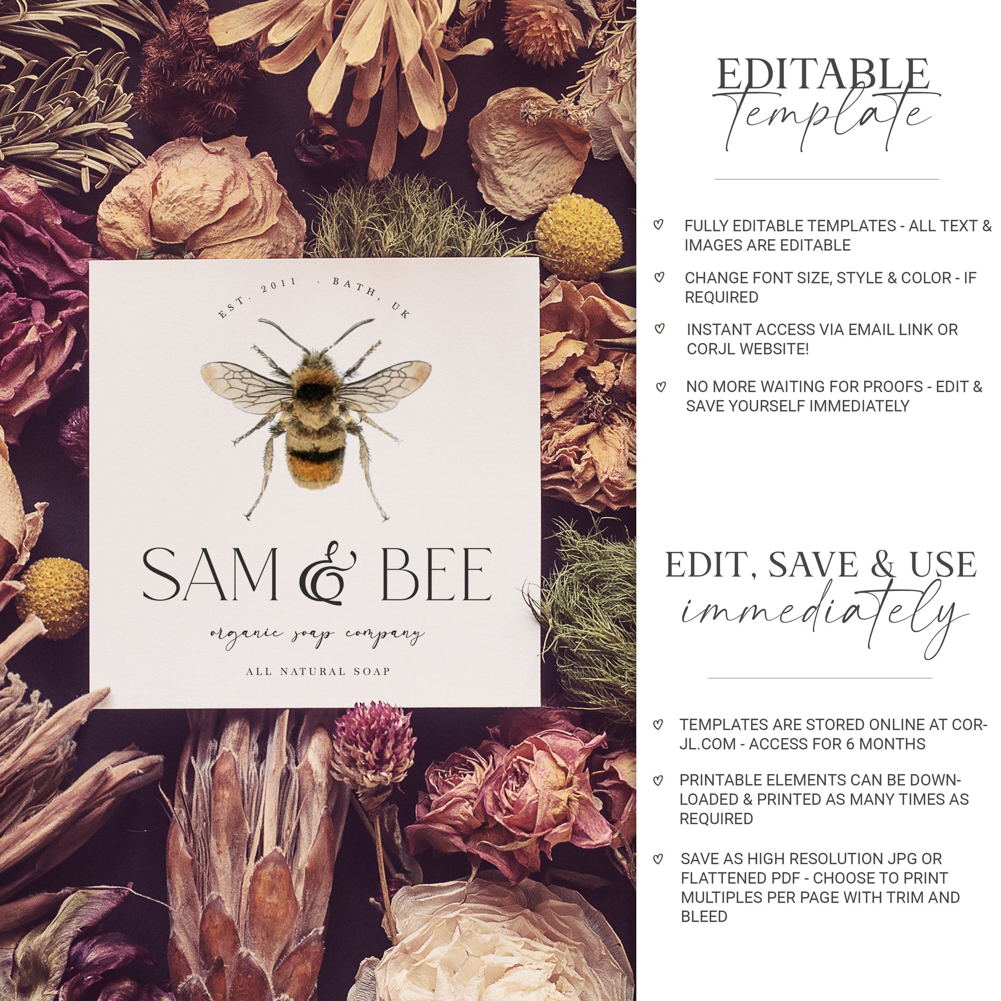 DIY Editable Bee Logo Illustrated Farmhouse Photography Watermark Logo Design Instant Download DIY Premade Customizable Template - PR0579