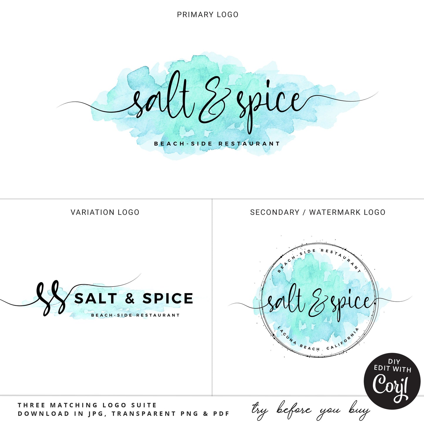 Logo Suite 3 x Logos Instant Edit & Download Turquoise Watercolor Splash Branding Kit | Edit Yourself Online! | Premade Business Logo SS-003