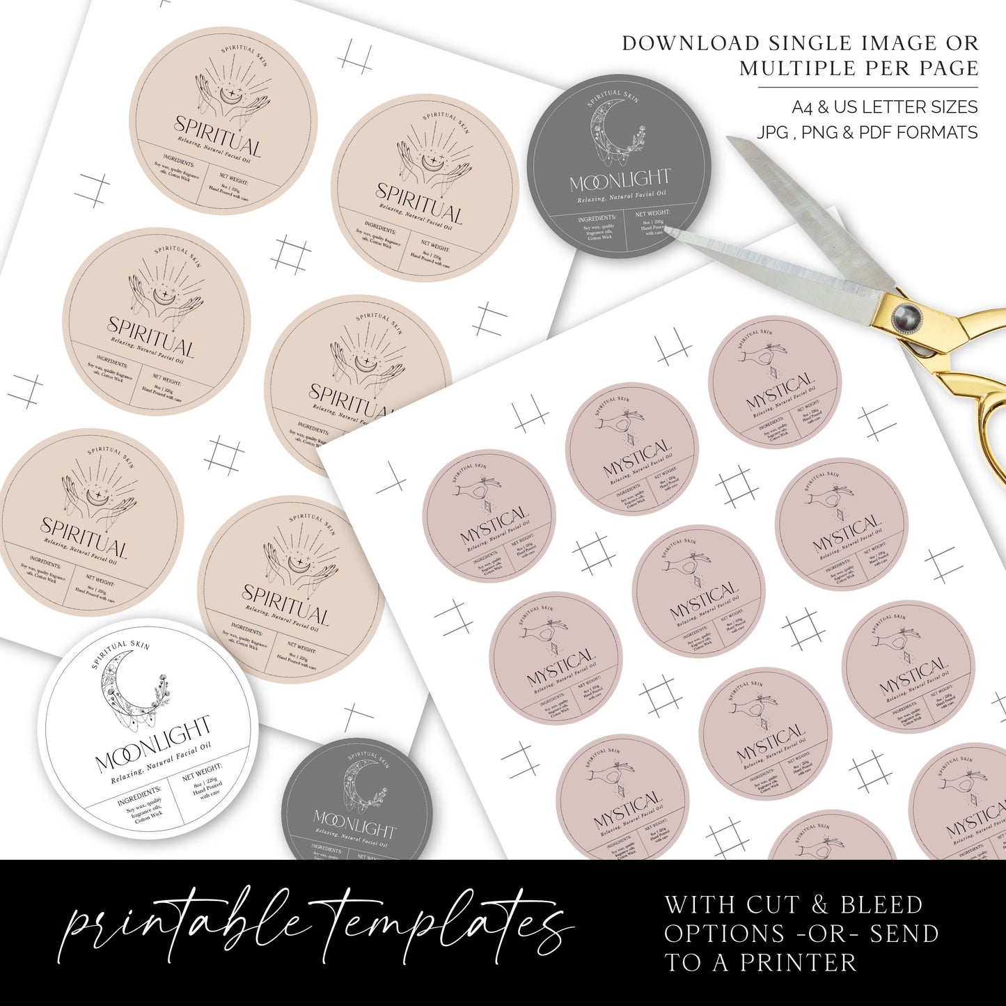 Editable Circular Label Template (3 Sizes) Personalised Spiritual Luxury Circle Candle / Cosmetic Skincare Label Design Printable - SPI-001