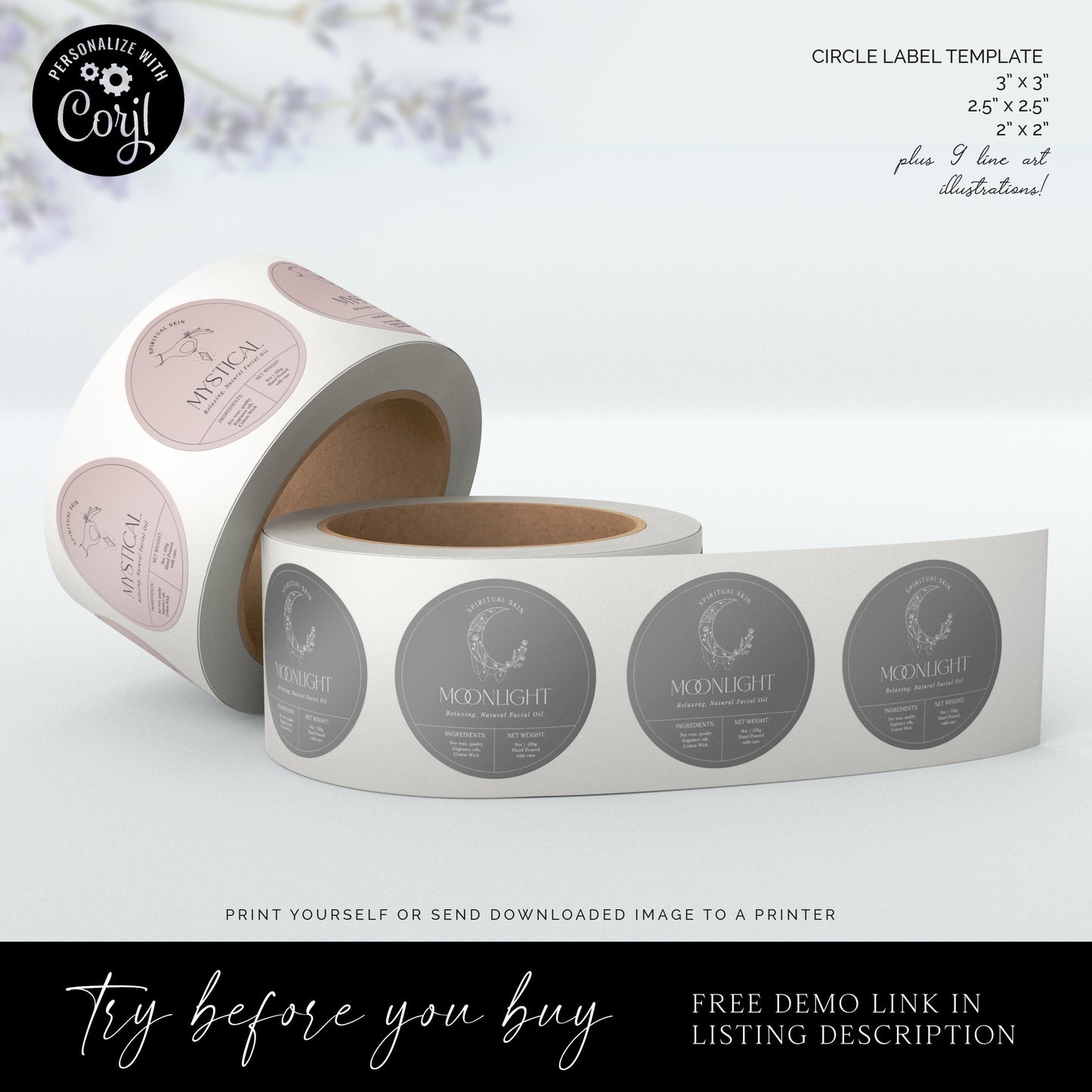 Editable Circular Label Template (3 Sizes) Personalised Spiritual Luxury Circle Candle / Cosmetic Skincare Label Design Printable - SPI-001