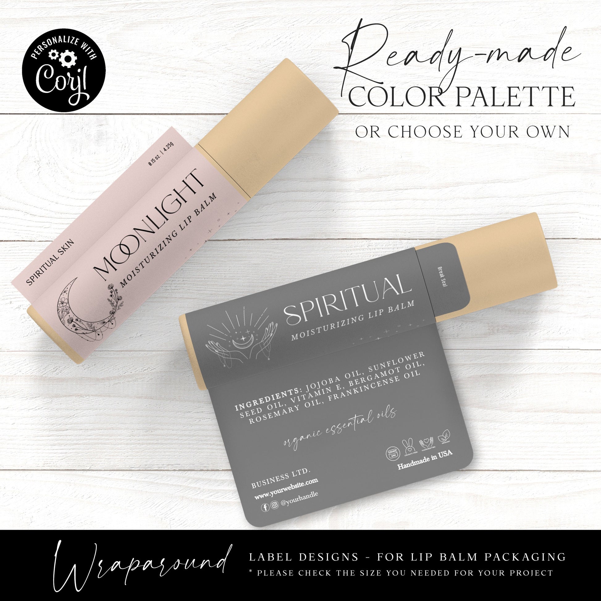 Editable Lip Balm Label Template (2 Sizes) Personalised Spiritual Wrap Around Chapstick Cosmetic Packaging Label Design Printable - SPI-001