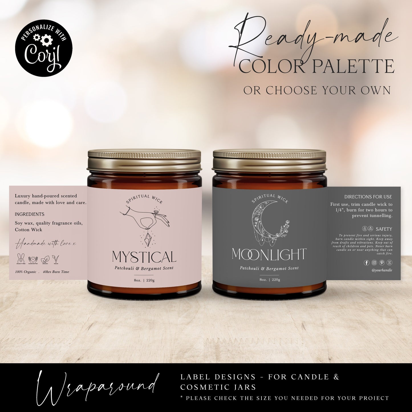 Editable Jar Label Template (4 Sizes) Spiritual Esoteric Personalised Wrap Around Candle / Cosmetic Skincare Label Design Printable  SPI-001