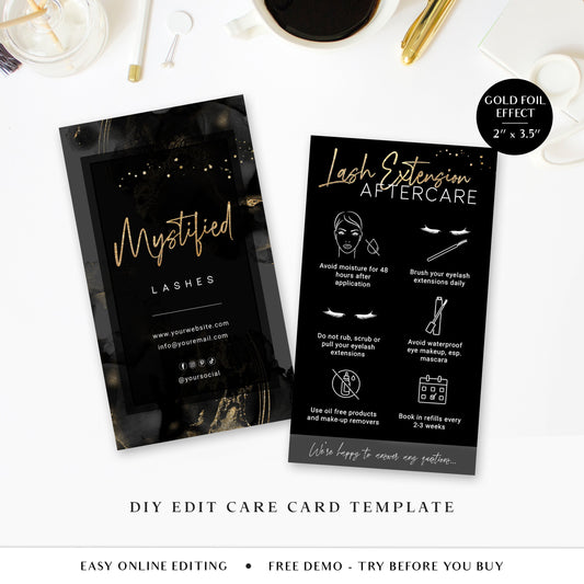 Lash Care Card Editable Template, DIY Edit Lash Aftercare Template, Eyelash Care Instructions Card, Faux Glitter Gold Foil Care Card MY-001