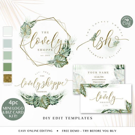 Editable Boho Business Bundle Templates, 4pc DIY Edit Logo and Business Card Template, Foliage Watercolor Logo Instant Access  LS-001