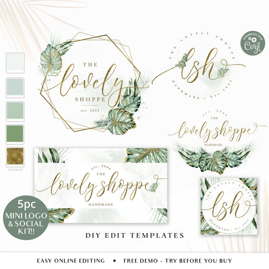 Editable Business Template Bundle, Boho Watercolor DIY Edit Logo & Social Media Branding Kit, Facebook Cover Template, Editable Logo LS-001