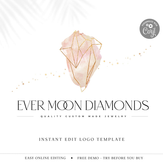Editable Gemstone Logo Blush Pink & Gold Ethereal Diamond Logo Design Instant Download | DIY Logo Template |  Premade Logo - PR0525