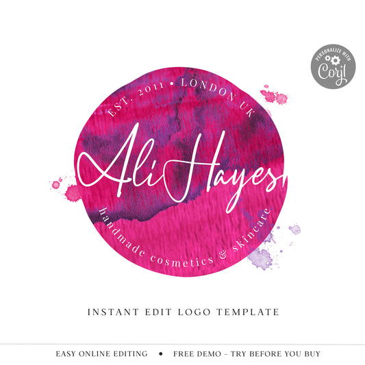 Editable Pink Logo Template, DIY Edit Bright Round Logo, Watercolor Splatter Logo Design, Instant Access Beauty Business Logo - PR0192