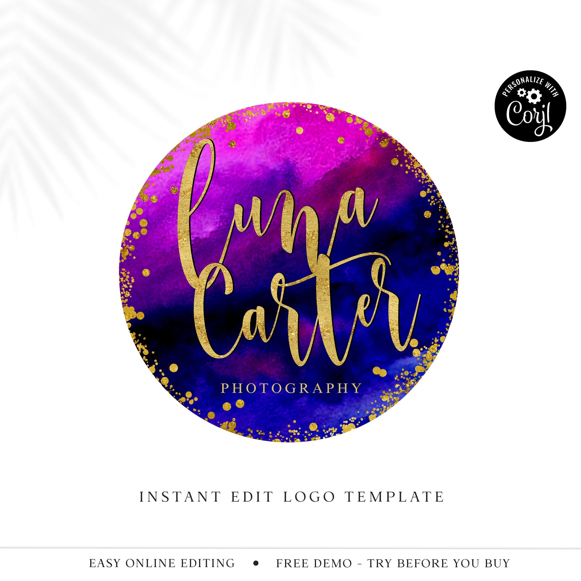 Editable Bright Logo Template, DIY Edit Watercolor & Gold Logo Design, Instant Ready-Made Beauty Logo, Premade Round Stamp Logo - PR0151