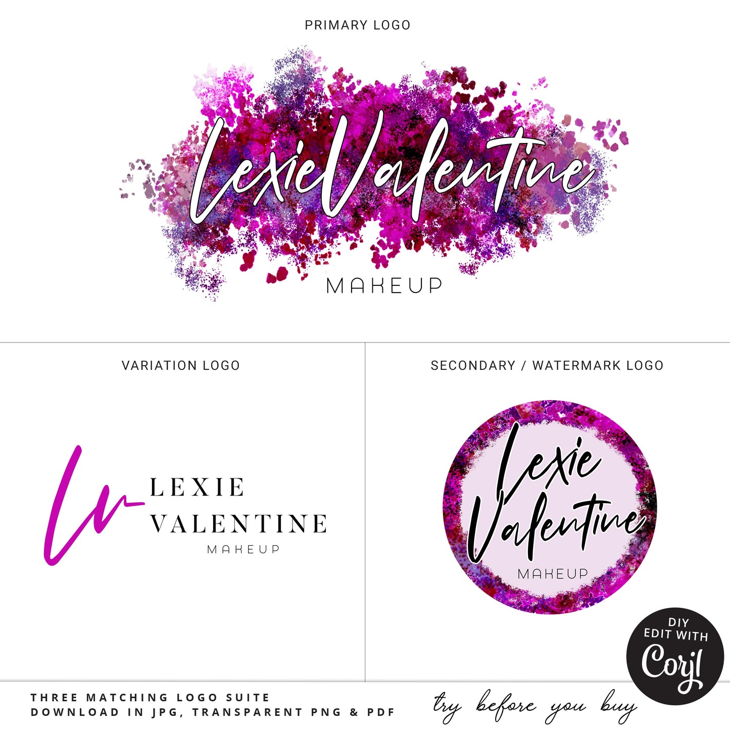 Editable Beauty Logo Bundle, 3x Messy Splatter Paint Logos, Business Logo Branding Kit, DIY Editable hair Stylist Logo Set LV-001